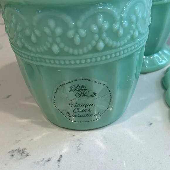Pioneer Woman Mint Green Glass Butter Dish Creamer Sugar Set - Picture 12 of 16